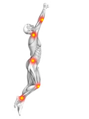 Conceptual human muscle anatomy with red and yellow hot spot inflammation or articular joint pain for health care therapy or sport concepts. 3D illustration man arthritis or bone osteoporosis disease