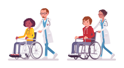 Male and female doctor with wheelchair patient