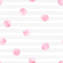 Hand Painted Watercolor Pink Circles And Gray Stripes Seamless Pattern On The White Background. Texture For Your Design.