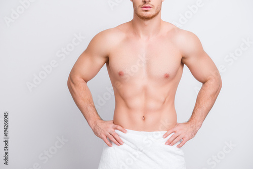 Fotografía Cropped close up photo of shirtless sexy tempting muscular attractive man's tors