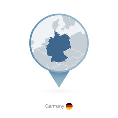 Map pin with detailed map of Germany and neighboring countries.