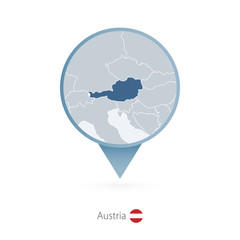 Map pin with detailed map of Austria and neighboring countries.