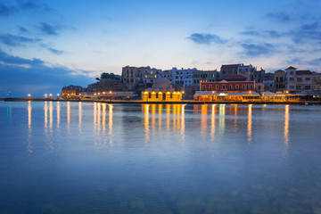 Wall Mural - Architecture of Chania at night with Old Venetian port on Crete. Greece