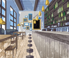 Cafe bar interior. Vector illustration in watercolor style