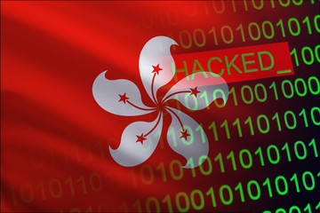 Hong Kong hacked state security. Cyberattack on the financial and banking structure. Theft of secret information. On a background of a flag the binary code.