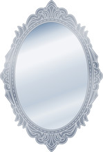 Mirror In Retro Vintage Oval Ornate Silver Border Frame. Vector Illustration.