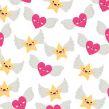 Fototapeta Motyle - cute hearts love and stars with wings kawaii pattern vector illustration design