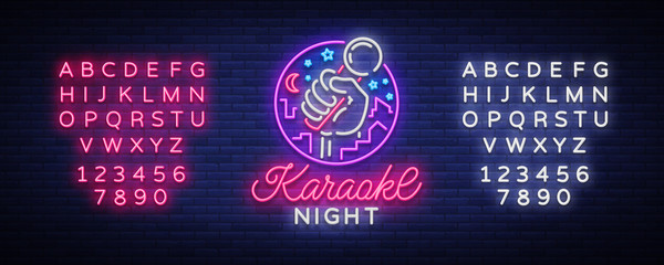 Wall Mural - Karaoke night vector. Neon sign, luminous logo, symbol, light banner. Advertising bright night karaoke bar, party, disco bar, night club Live music. Design template. Editing text neon sign