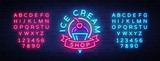 Ice cream shop neon sign. Ice cream shop logo in neon style, symbol, light banner, bright night advertising ice cream, billboard. Design template. Vector illustration. Editing text neon sign