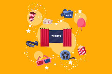 Sticker - Elements of film industry set, scene, camera, ticket, ice cream, 3d glasses, popcorn vector Illustration on yelllow background