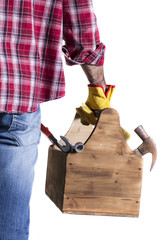 Wall Mural - isolated in white handyman with toolbox / portrait of a handyman with essential tools