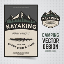 Camping Adventure Vector. Travel Brochure And Label. The Concept Of Flyer For Your Business, Presentations, Advertising Etc. Quality Design Illustration. Travel Brochure Flat Outdoor Style. Kayaking