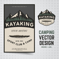 Wall Mural - Camping adventure vector. Travel brochure and label. The concept of flyer for your business, presentations, advertising etc. Quality design illustration. Travel brochure flat outdoor style. Kayaking