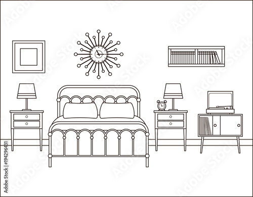 Download Bedroom interior. Hotel retro room with bed. Vector. Home space in line art. House flat design ...
