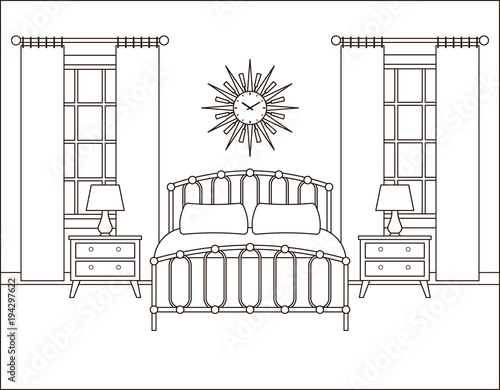 Room Interior Hotel Bedroom With Bed And Windows Vector