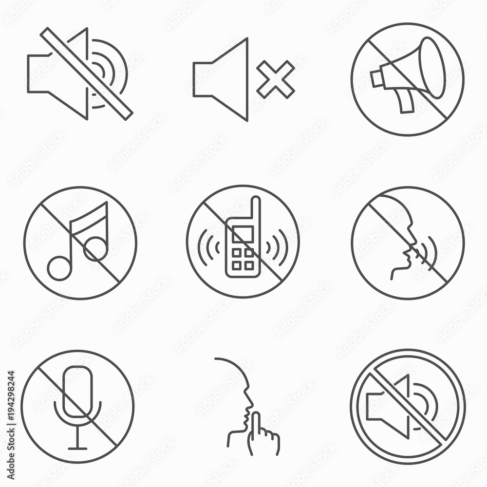 Set of keep silence signes. Line vector icons. Outline style - obrazy, fototapety, plakaty 