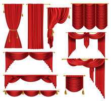 Vector 3d Realistic Set Of Red Luxury Curtains, Open And Closed, With Drapery And Decorative Cords And Tassels Isolated On Background. Textile Drape, Decor Elements For Theater And Cinema Posters