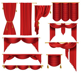 vector 3d realistic set of red luxury curtains, open and closed, with drapery and decorative cords a