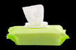 Wet wipes in package box on black background, with clipping path.