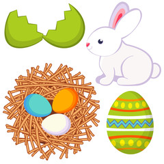 Wall Mural - Cartoon easter icon set egg shell bunny chicken nest icon set.