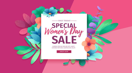 Banner for the International Happy Women's Day. Flyer for  sale March 8 with the decor of floral.  Design horiznotal Web offer with a pattern  flowers for advertising and discount. Vector