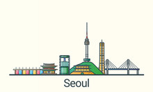 Banner Of Seoul In Flat Line Trendy Style. All Buildings Separated And Customizable. Line Art.