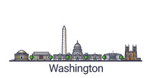 Banner Of Washington D.C. Skyline In Flat Line Trendy Style. Washington City Line Art. All Buildings Separated And Customizable.