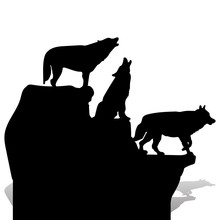 Silhouette Of Three Black Wolves Howling, On Top Of A Cliff, Cartoon On A White Background,