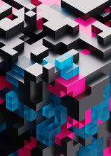 3d Render, Abstract Cubic Background, Voxel Structure, Black Geometric Wallpaper, Pink Fragments, Blue Glass Blocks