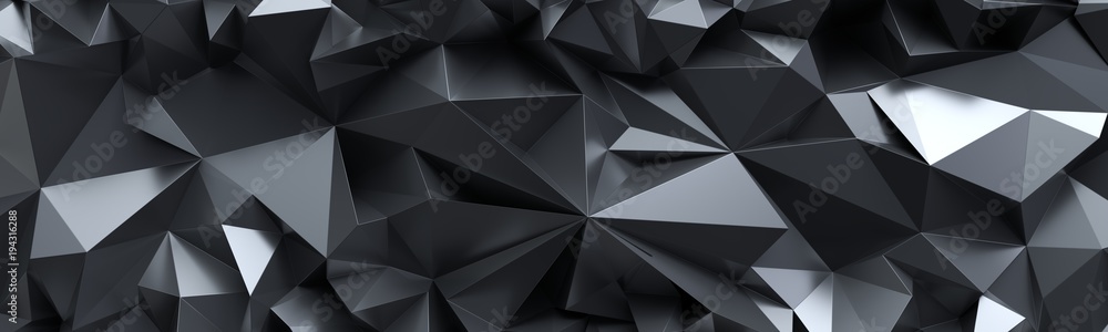 3d render, abstract black crystal background, faceted texture, macro panorama, wide panoramic polygonal wallpaper - obrazy, fototapety, plakaty 