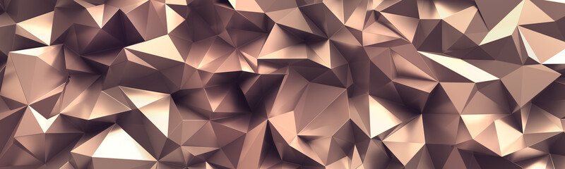 Wall Mural - 3d render, abstract rose gold crystal background, faceted copper metallic texture, macro panorama, wide panoramic polygonal wallpaper