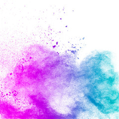 abstract explosion of blue purple dust on white background.Abstract blue purple powder splatter on white  background. Freeze motion of blue purple powder splash.