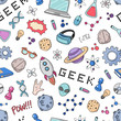 Seamless vector background, wallpaper, texture, backdrop pattern. Set of doodle cartoon icons geek, nerd, gamer. Template for packing, printing, cards, invitation, web design