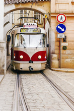 Old Red Tram In The Old Streets Of Prague