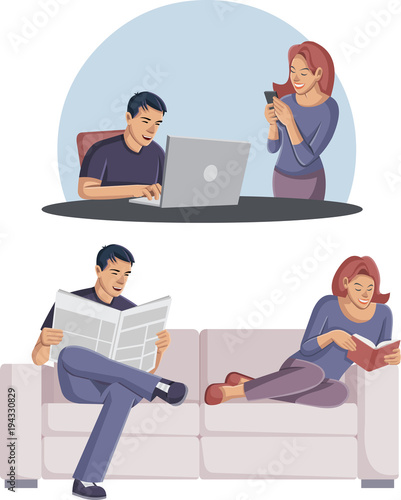 Couple with laptop, smarthphone. Young people reading book and newspaper on s...
