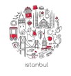 Modern vector illustration Istanbul with circle composition of hand drawn turkish symbols. Black outline doodle elements isolated on white. City tourism design conception Simple minimalistic style.