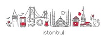 Vector Modern Illustration Istanbul With Hand Drawn Doodle Turkish Symbols. Horizontal Panoramic Scene For Banner Or Print Design. Simple Minimalistic Style With Black Outline And Red Elements.