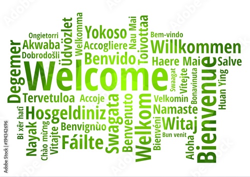 Fotomural WELCOME word cloud in different languages, concept green low poly background