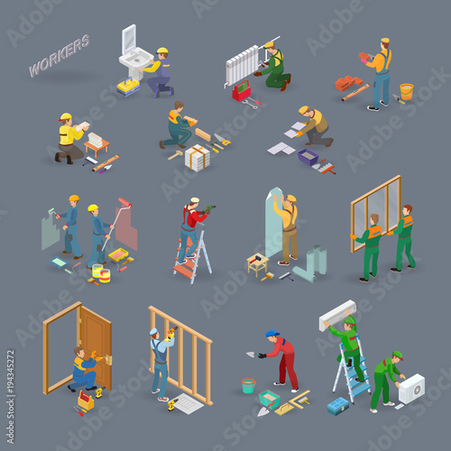 Fotografía Home repair isometric icons set with workers, tools.