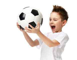 Wall Mural - Fan sport boy player hold soccer ball celebrating happy smiling laughing free text copy space