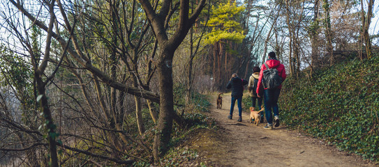 family with dog hiking at mountain trail