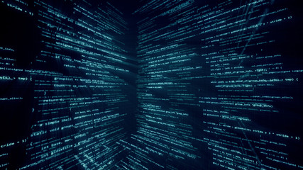 Wall Mural - virtual space with running code in the form of cubes 3d illustration