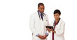 © Mark Adams - Professional African American doctors talk using an tablet on a white background. Black medical experts talk while using a pad on a blank backdrop