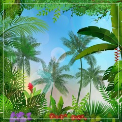 Wall Mural - Tropical morning landscape with palm trees and leaves