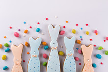 Easter Spring Decorative Composition. Cookies In The Shape Of Funny Bunny And Colored Sprinkles