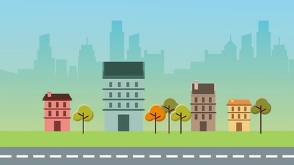 Poster - animation urban district trees and street city background