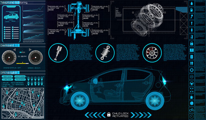 Wall Mural - Car infographics. HUD for the application. Virtual graphical interface Ui HUD Autoscanning, analysis and diagnostics, Abstract vector science.  auto service . phone control, Futuristic user interface