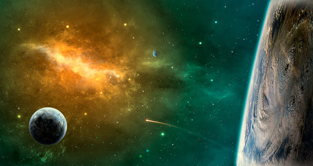 Wall Mural - Space scene. Green and orange nebula with planets. Elements furnished by NASA. 3D rendering