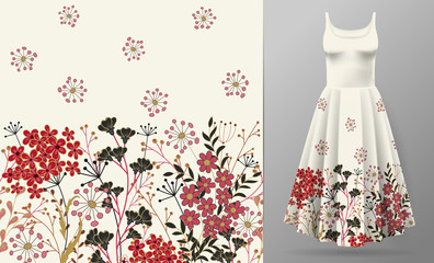 Cute pattern in small simple flowers. Seamless background and seamless border. An example of the pattern of the dress mock up. Vector illustration. Red black on white.