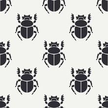Flat Line Vector Seamless Pattern Wildlife Fauna Bug, Scarab. Simplified Retro Cartoon Style. Insect. Beetle. Entomology. Nature Ornament. Forest. Illustration Element For Your Design And Wallpaper.